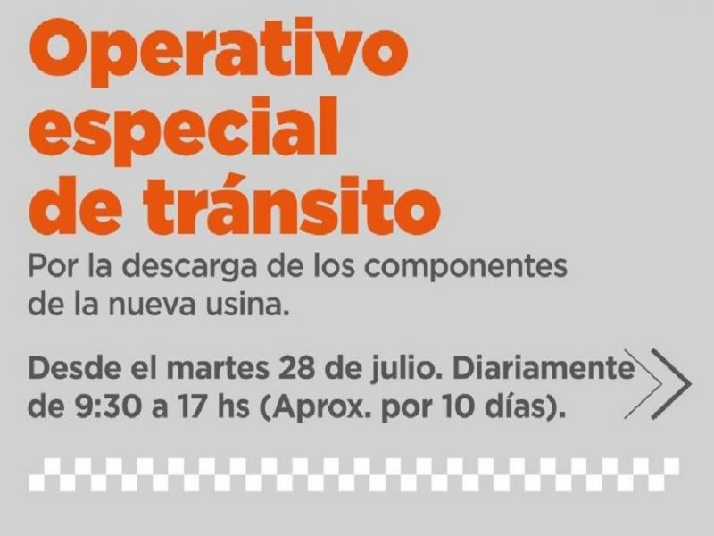 Implementarán un operativo especial de tránsito por la descarga de los componentes de la nueva usina