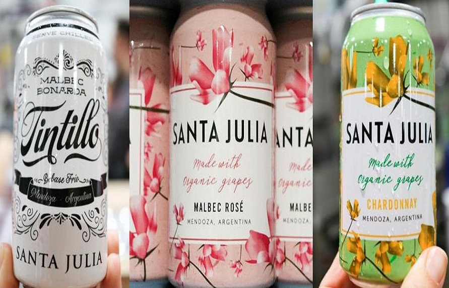 Santa Julia Orgnica ha lanzado al mercado sus variantes de Malbec Ros, Chardonnay y Tintillo en lata de 375 ml. Eso genera otra opcin de venta tambin para los comercios gastronmicos, con la oferta del vino por copa, y no ya en botellas.