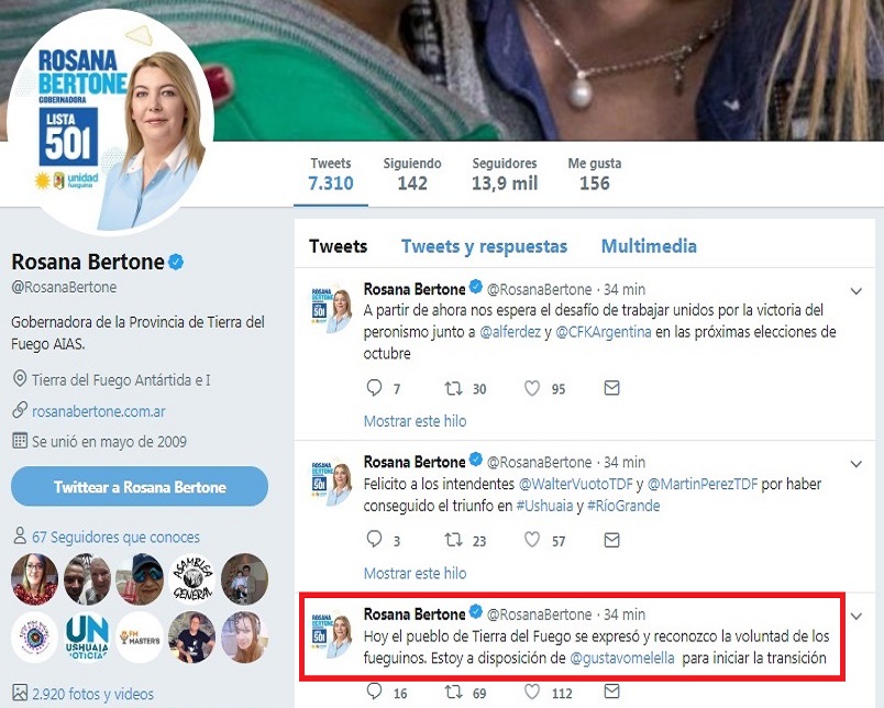 Hoy el pueblo de Tierra del Fuego se expres y reconozco la voluntad de los fueguinos. Estoy a disposicin de Melella para iniciar la transicin, expres a travs de Twitter la Gobernadora Rosana Bertone.