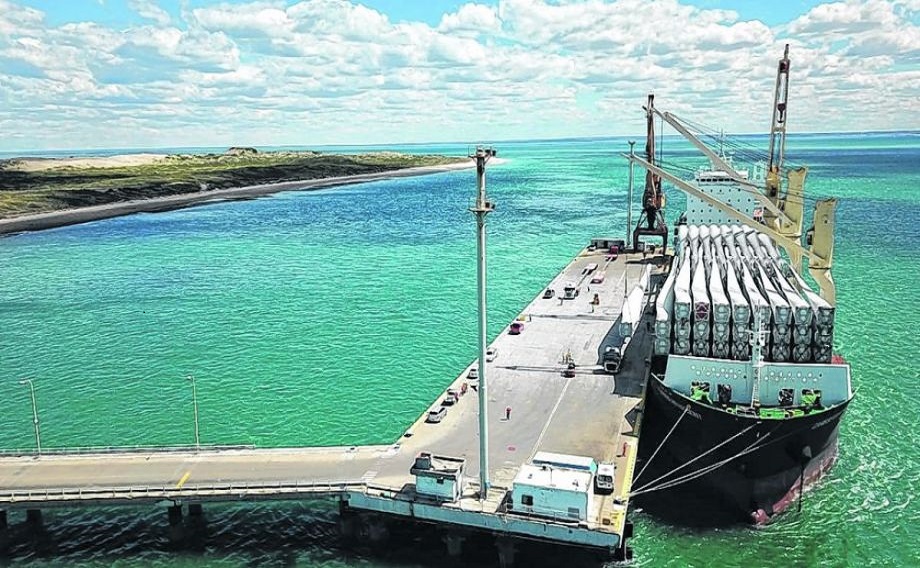 Ese barco trajo 51 aspas de molinos. Y otro embarque, previsto para finales de noviembre, llegar con 36, para completar las 87 piezas que, en total, debe incorporar el parque de Neuqun.