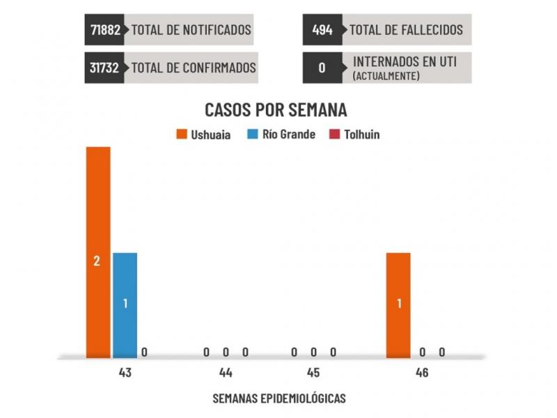 En la ltima semana se detect un nuevo caso en Ushuaia, caso importado correspondiente al tripulante del crucero Crystal Endeavour dado de alta el pasado sbado, ninguno en Ro Grande y hay un caso sospechoso en Tolhuin. 