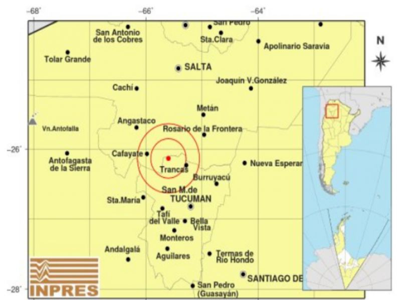 El epicentro fue a 34 kilmetros al oeste de la localidad de Trancas, ubicada en el lmite con la provincia de Salta, y a 84 km al noroeste de San Miguel de Tucumn. Una rplica de 3.1 tuvo lugar a las 6:05 de la maana.