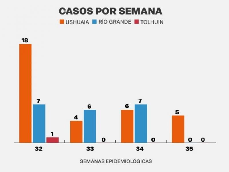 El Ministerio de Salud de Tierra del Fuego inform que entre el domingo 28 de agosto y el sbado  3 de septiembre se notificaron 5 nuevos casos de COVID-19 contra los 13 que haban sido informados la semana pasada.