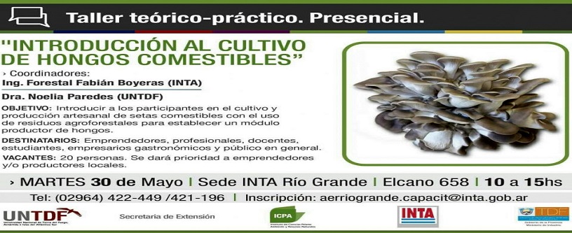 El taller de Introduccin al Cultivo de Hongos Comestibles se desarrollar en la sede del INTA Ro Grande, Elcano N 658 de 10 a 15 horas.