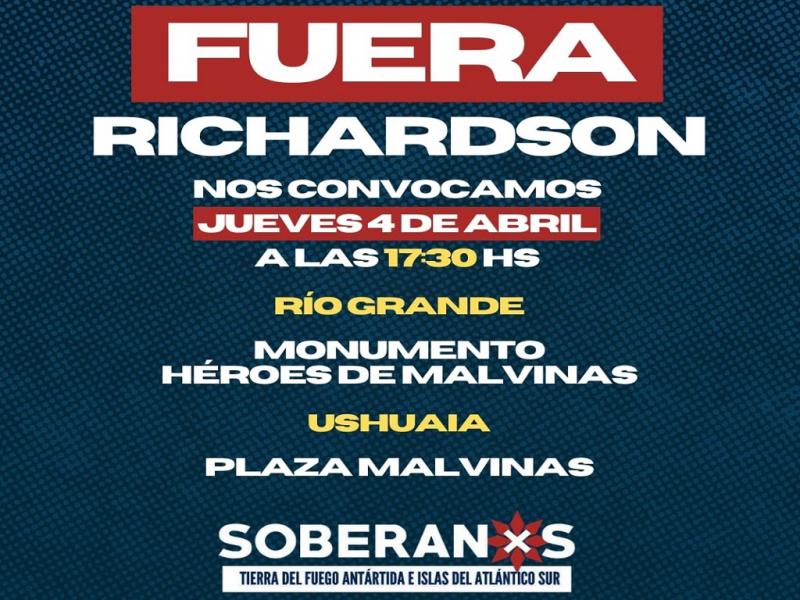 Soberanos Tierra del Fuego convoca a las 17:30 horas en toda la provincia a movilizar y repudiar la presencia de Laura Richardson y del Presidente Javier Milei en Ushuaia.