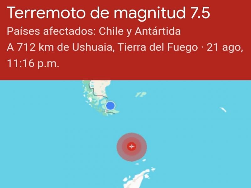 El sismo de magnitud cercana a 8 se registr en el extremo sur de Argentina y Chile, muy cerca de la Antrtica chilena. El movimiento telrico, con caractersticas de terremoto, gener preocupacin en la regin.